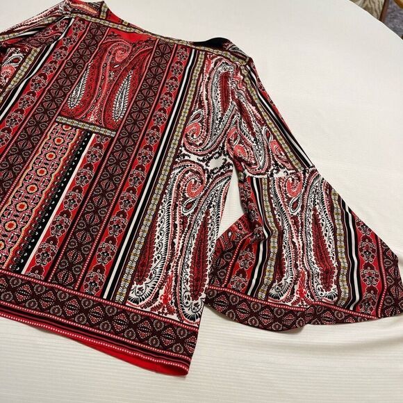 Chicos Boho Paisley Stretch Orange Red Bell Sleeve Blouse Top Size 2 US Large - Picture 8 of 11